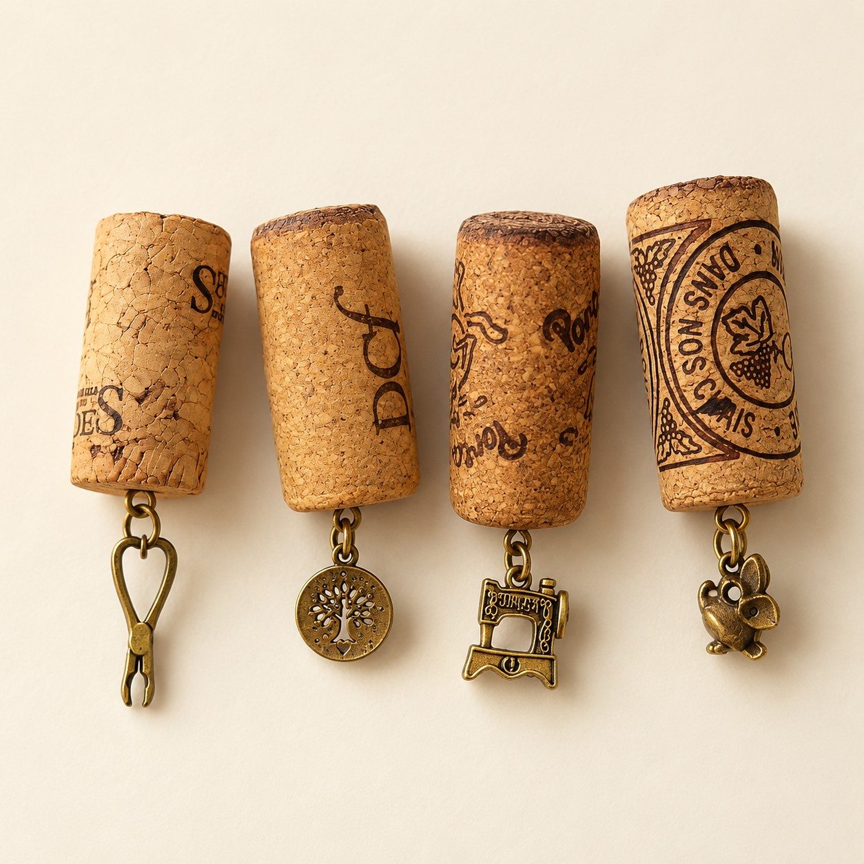 four wine cork magnets with decorative brass charms