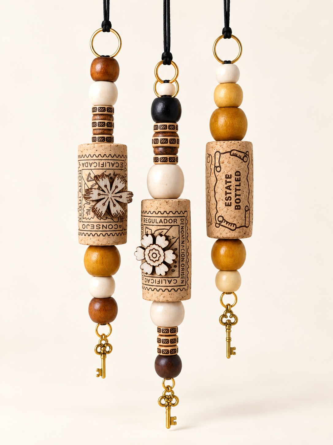 Polished cork hanging decorations with beads and dangling charms