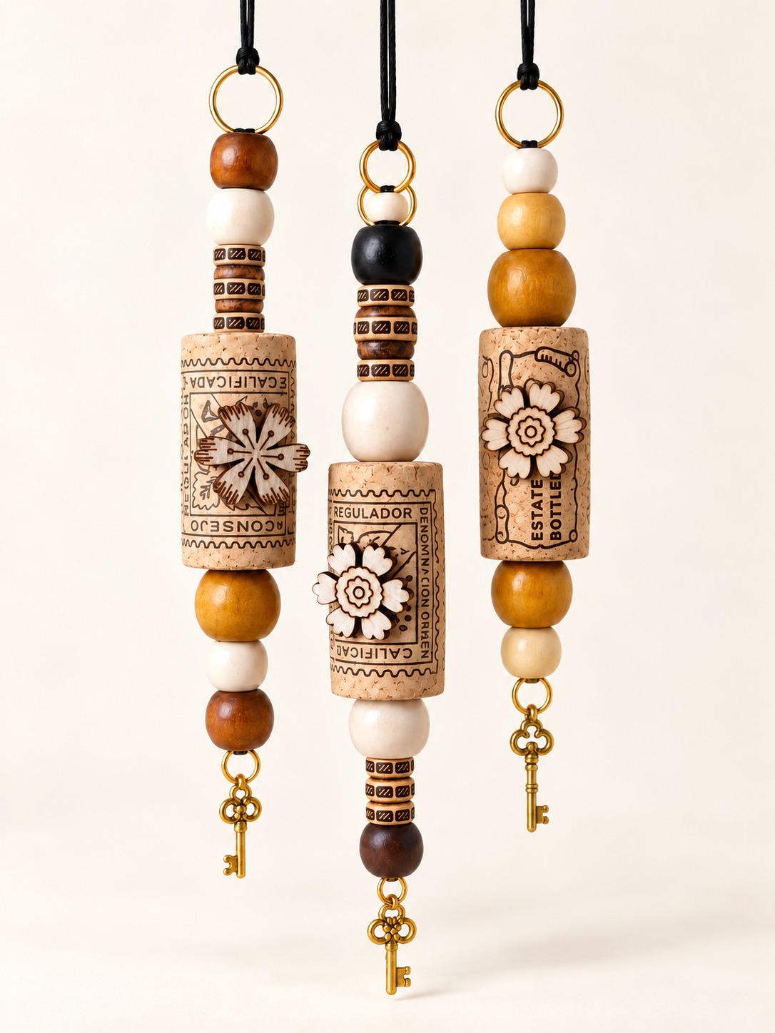 Polished cork hanging decorations with beads and dangling charms