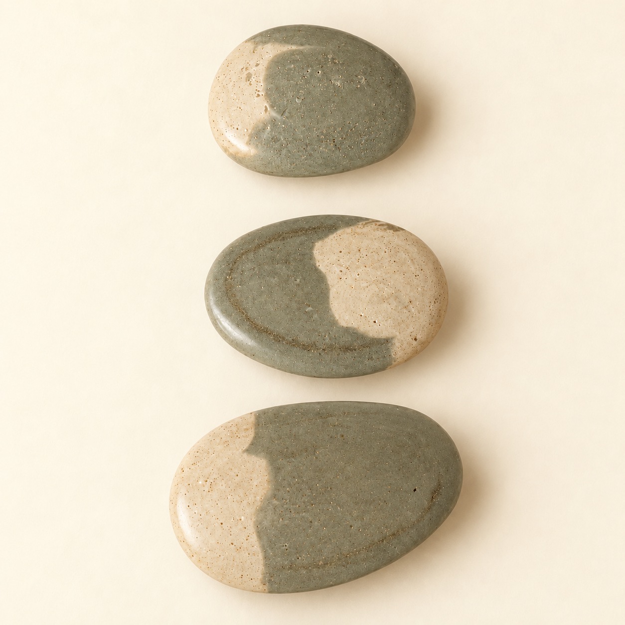 three softly coloured sage and beige scented pebbles on a cream background