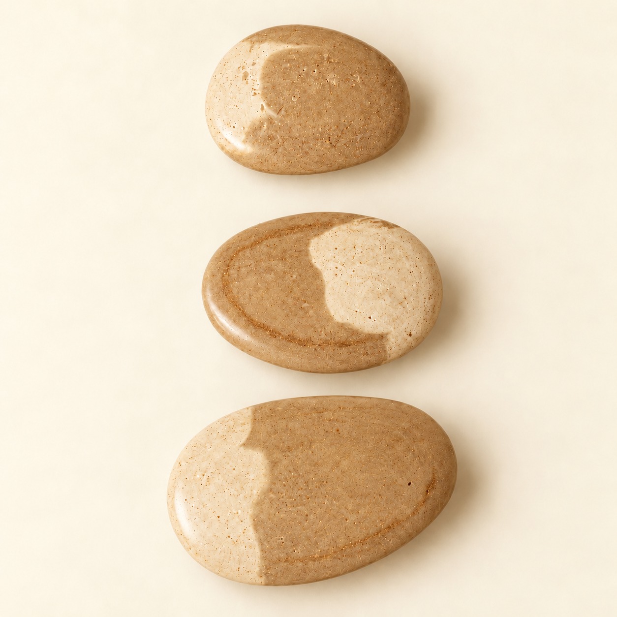 three warm sand and cream scented pebbles on a cream background