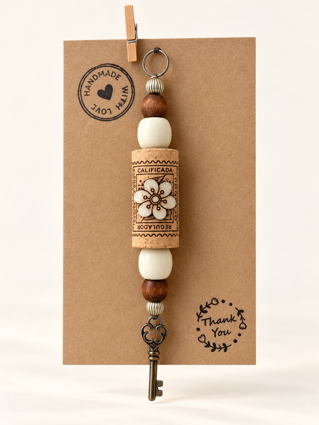 Packaged cork hanging decoration with a wooden flower and key charm