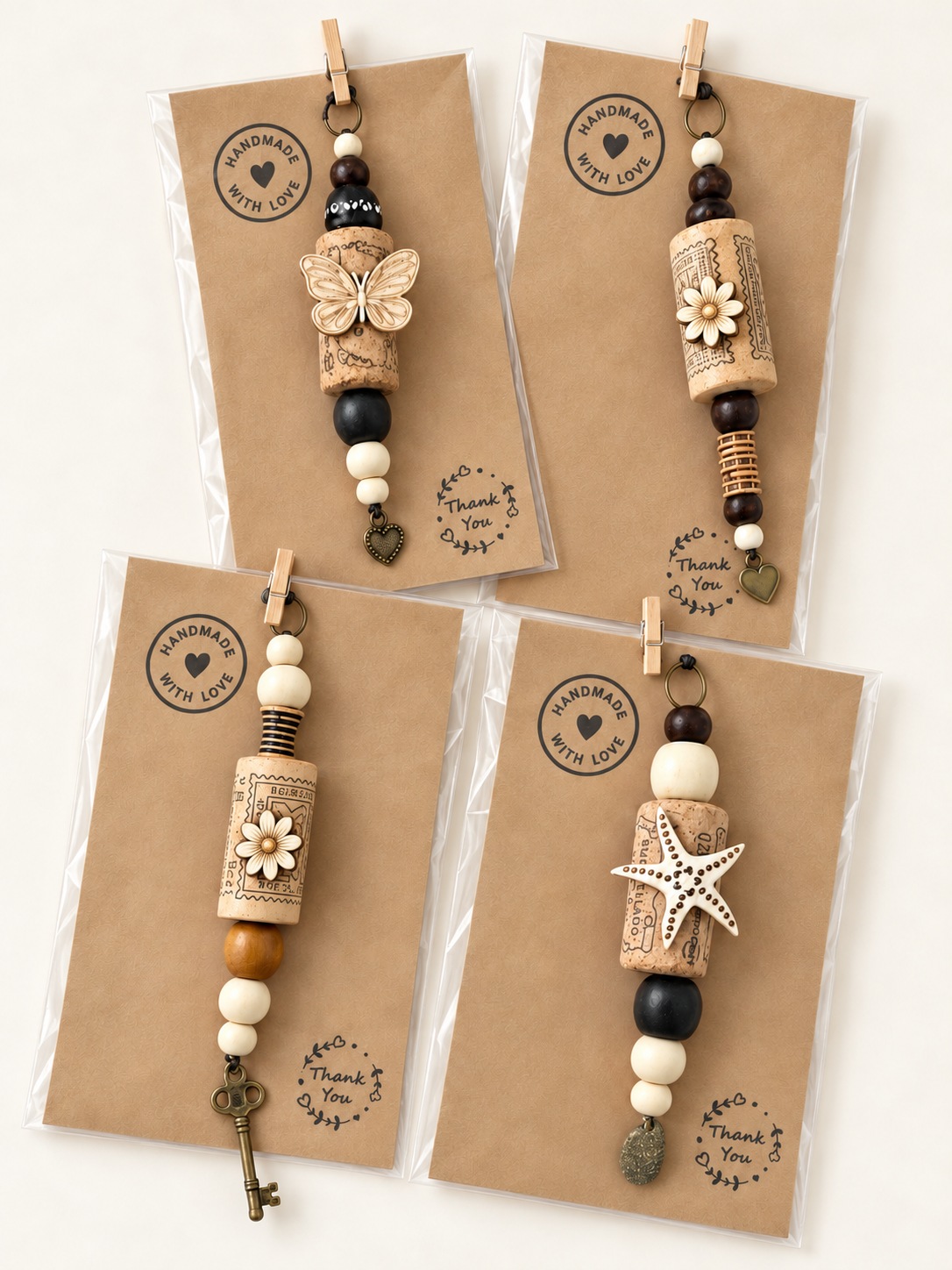 Packaged cork hanging decorations with forward-facing wooden embellishments