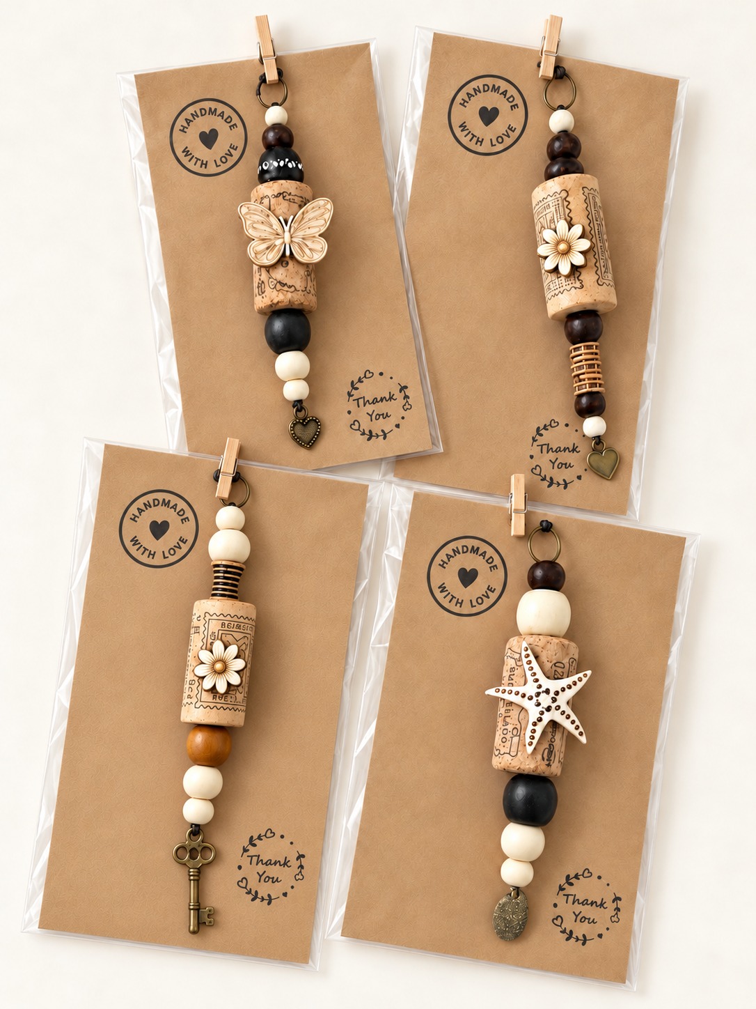 Packaged cork hanging decorations with forward-facing wooden embellishments