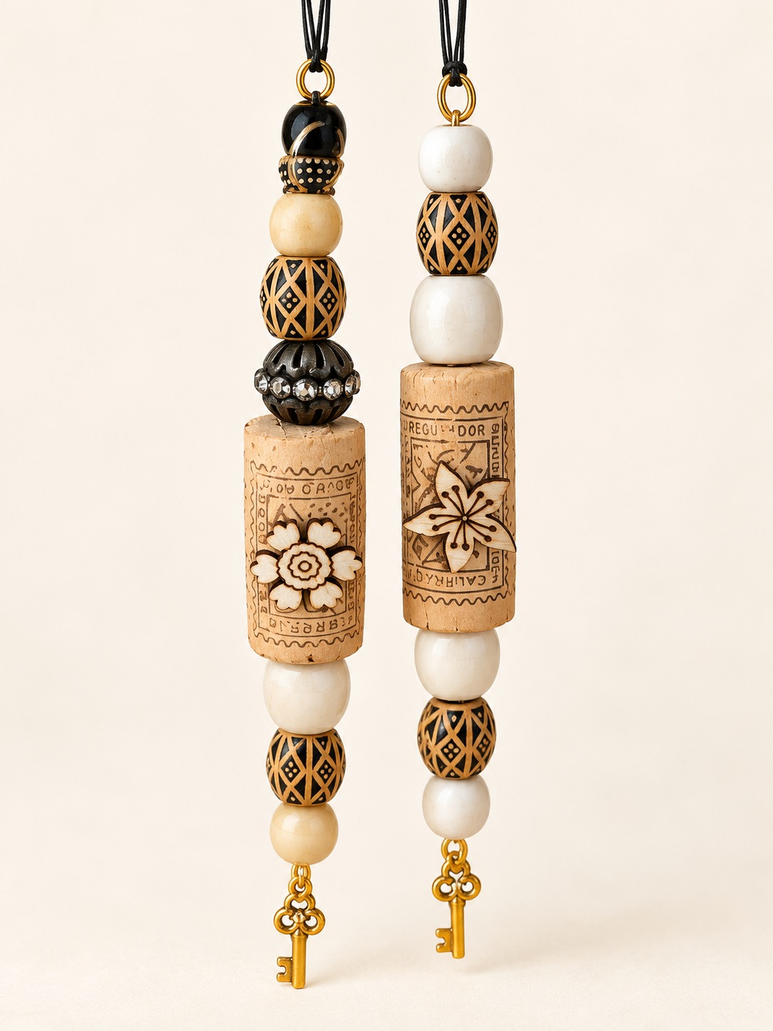 Two cork hanging decorations with beads and key charms